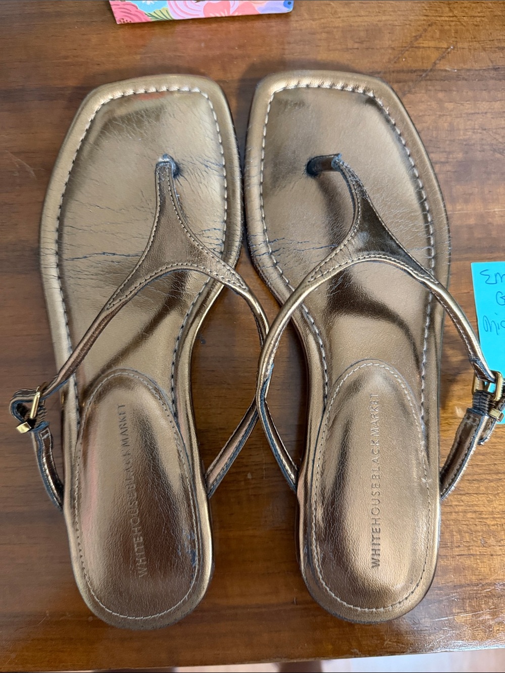 White House Black Market Metallic Gold Thong Sandals with Ankle Strap